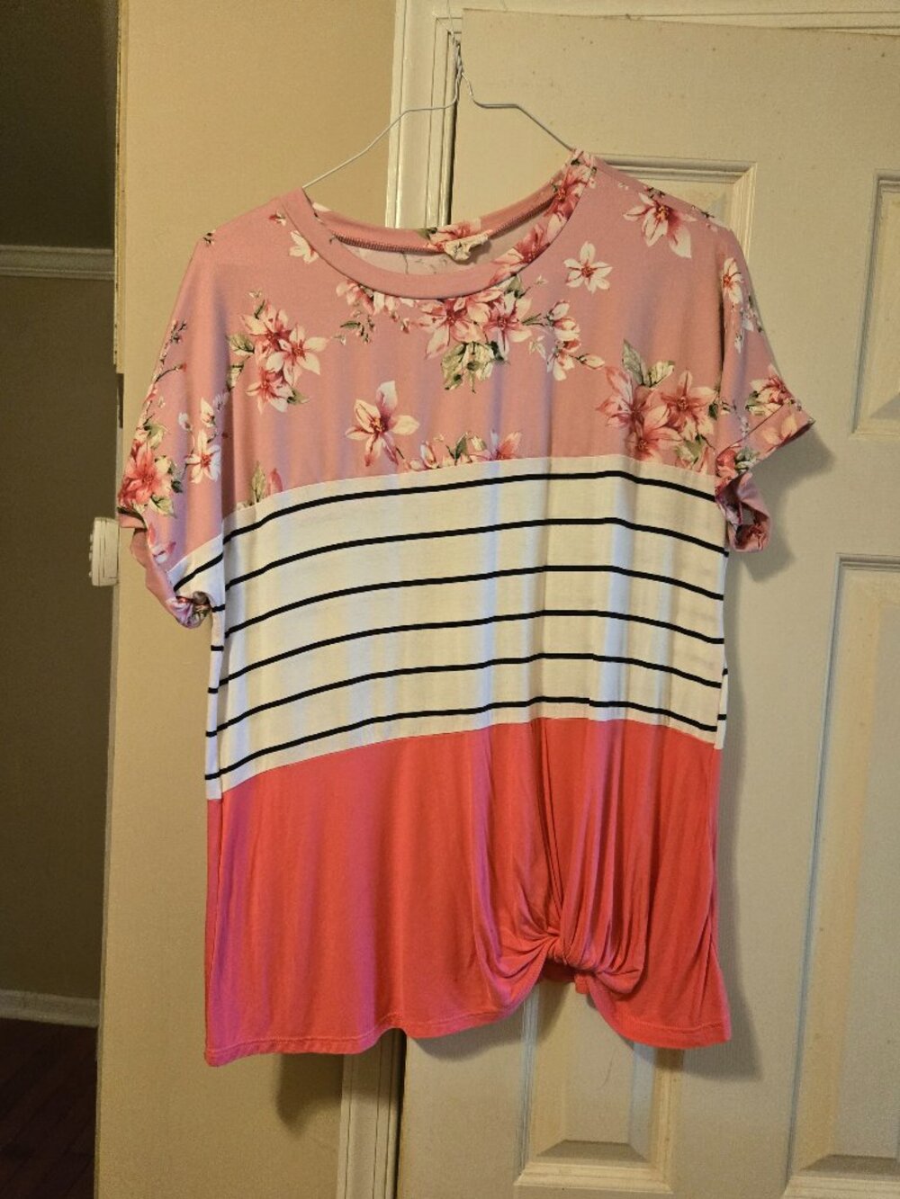 Lovely  Melody L top in hues of pink floral, solid pink, & b/w stripe